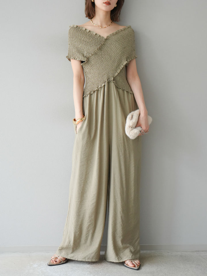 [予約]シャーリングクロスサロペット/グレージュ