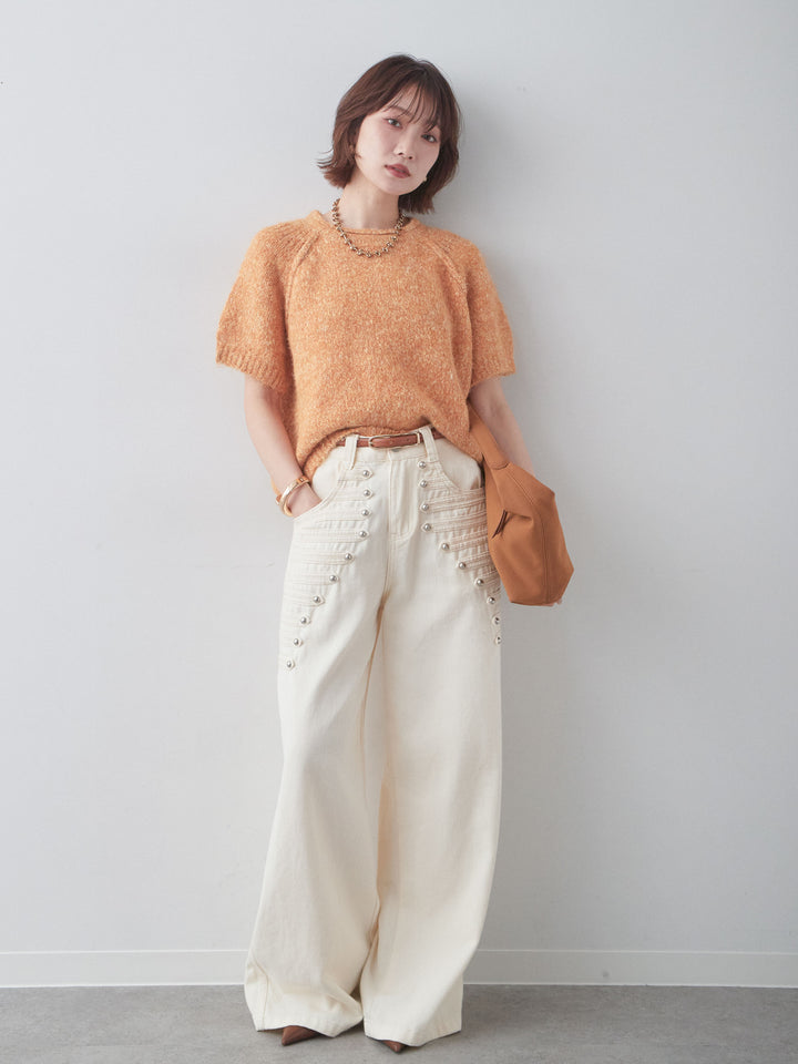 [SET]メランジショートニットトップス+ナポレオンワイドストレートパンツ(2set)