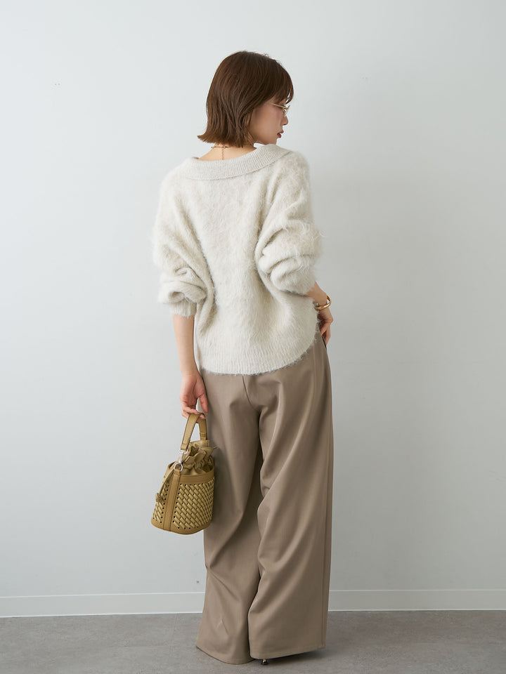 [SET]ヘンリーシャギーニットトップス+ツイルタックワイドパンツ(2set)