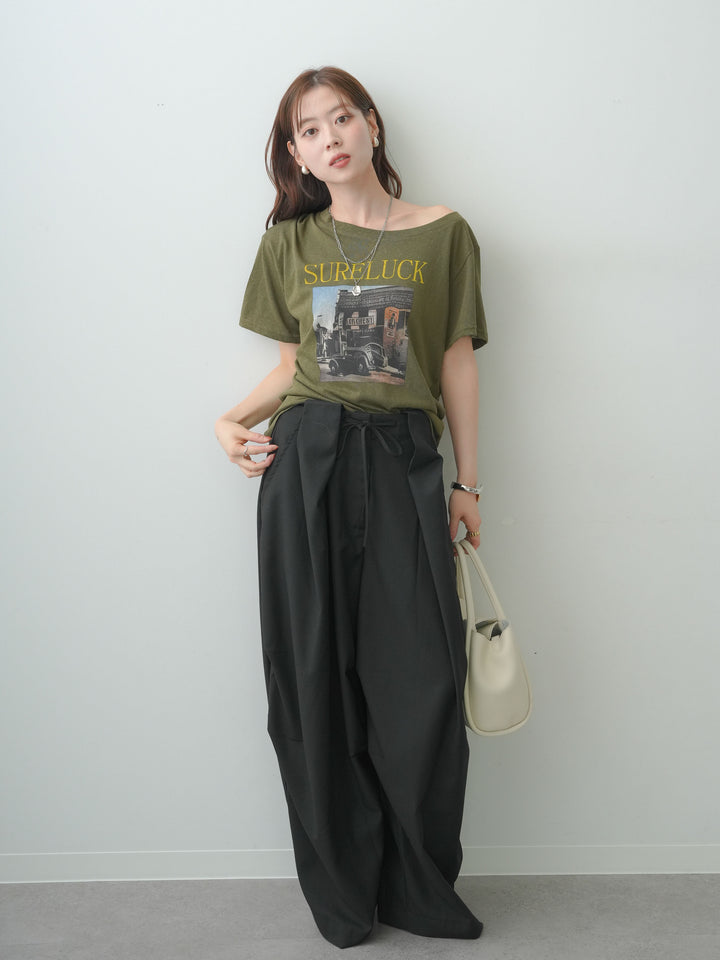 [SET]ワイドネックプリントTEE+ベルトループカーブタックワイドパンツ(2set)