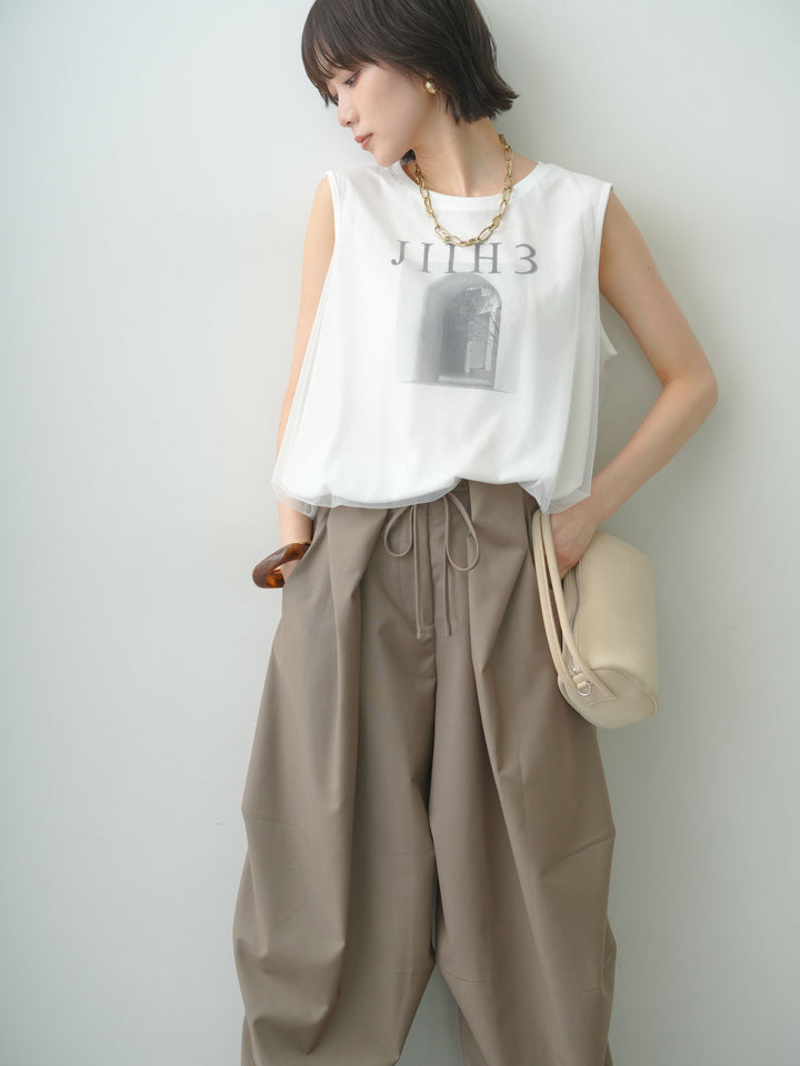 【預購】薄紗層疊抽繩無袖T卹/白色