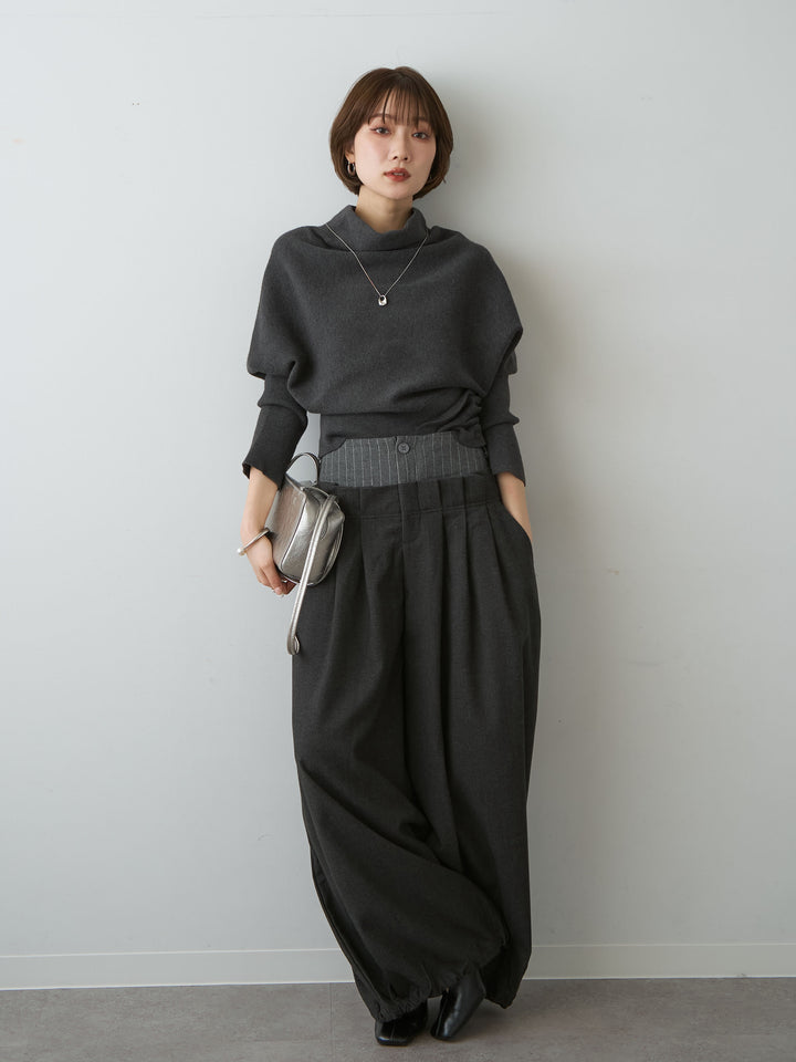 [SET]ハイネックサイドボタンギャザーニットトップス+ウエストデザインドロストワイドパンツ(2set)