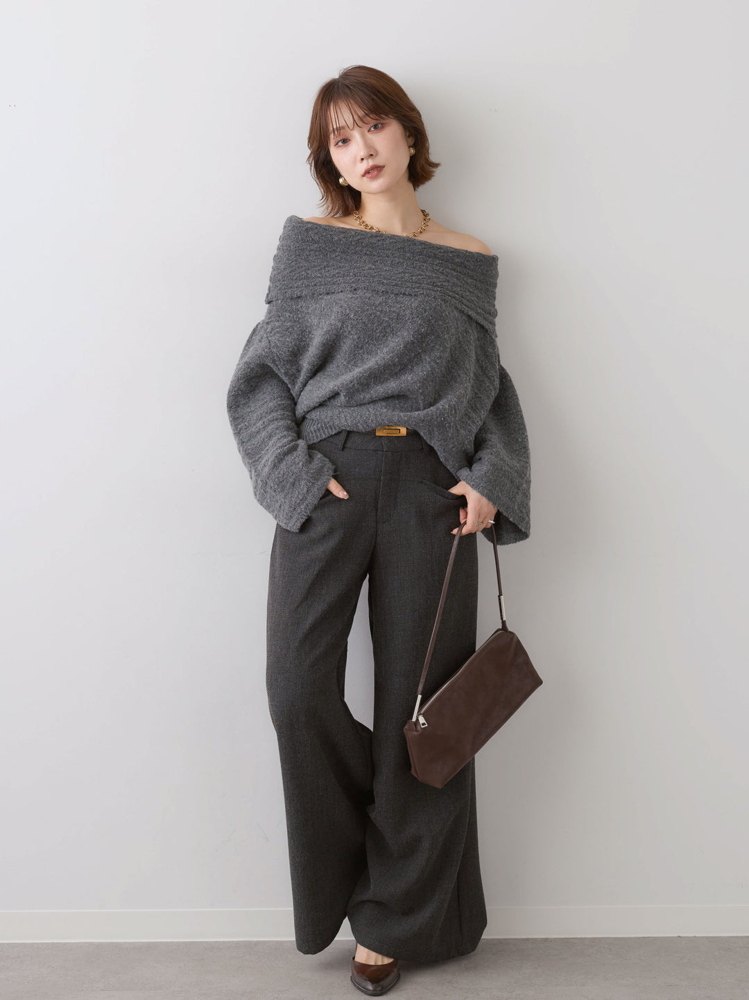 [SET]アシメデザインオフショルニットトップス+ベルト付ポケットデザインワイドストレートパンツ(2set)