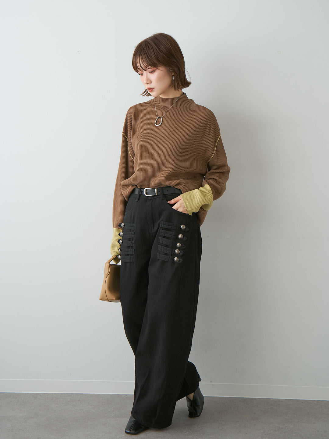 [予約]バイカラーモックネックリブニットトップス/brown