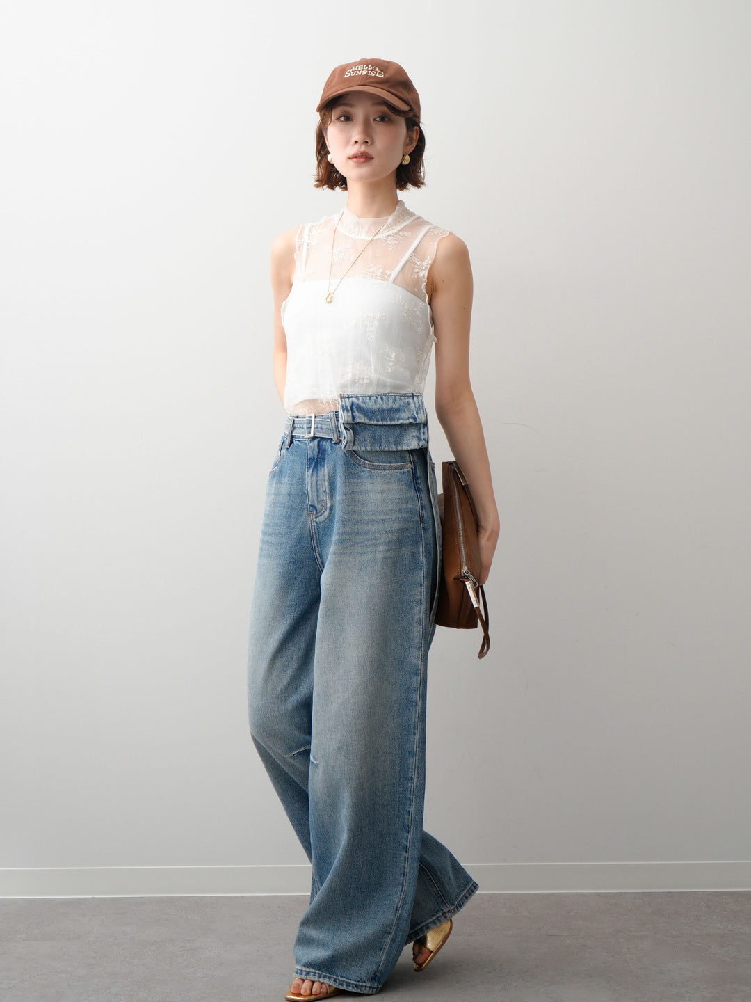 [SET]シースルーストレッチレースノースリトップス+デニムポーチ付ニータックワイドデニムパンツ(2set)