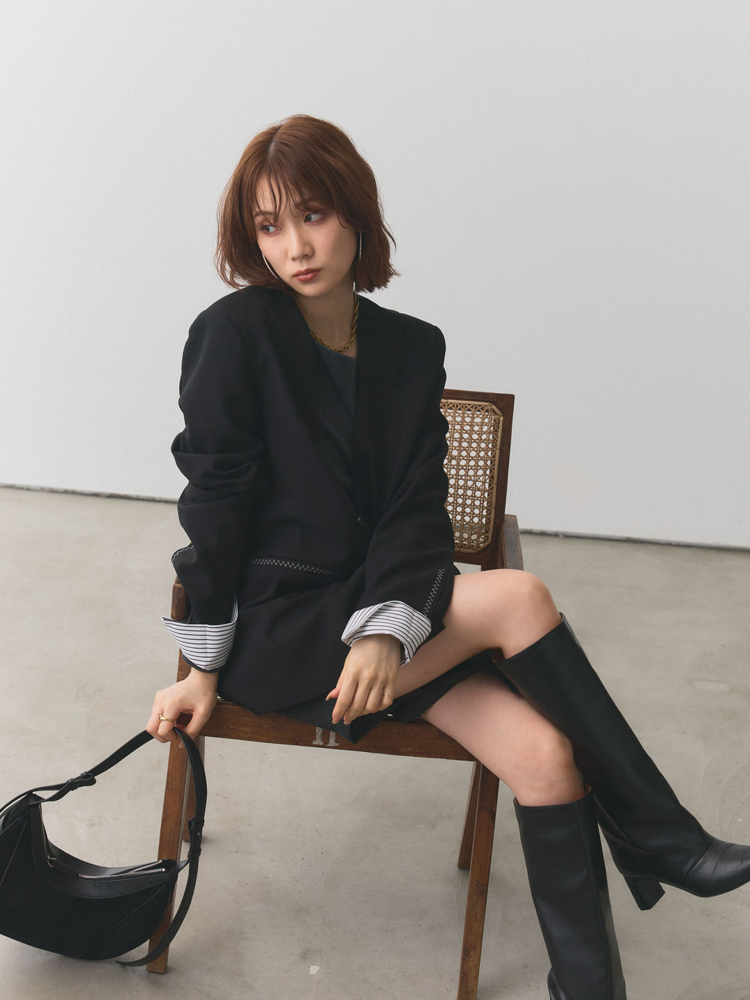 【Allure】[SET]シャツカフスフロントスリットニットプルオーバー+シャツカフスフロントスリットニットプルオーバー(2set)