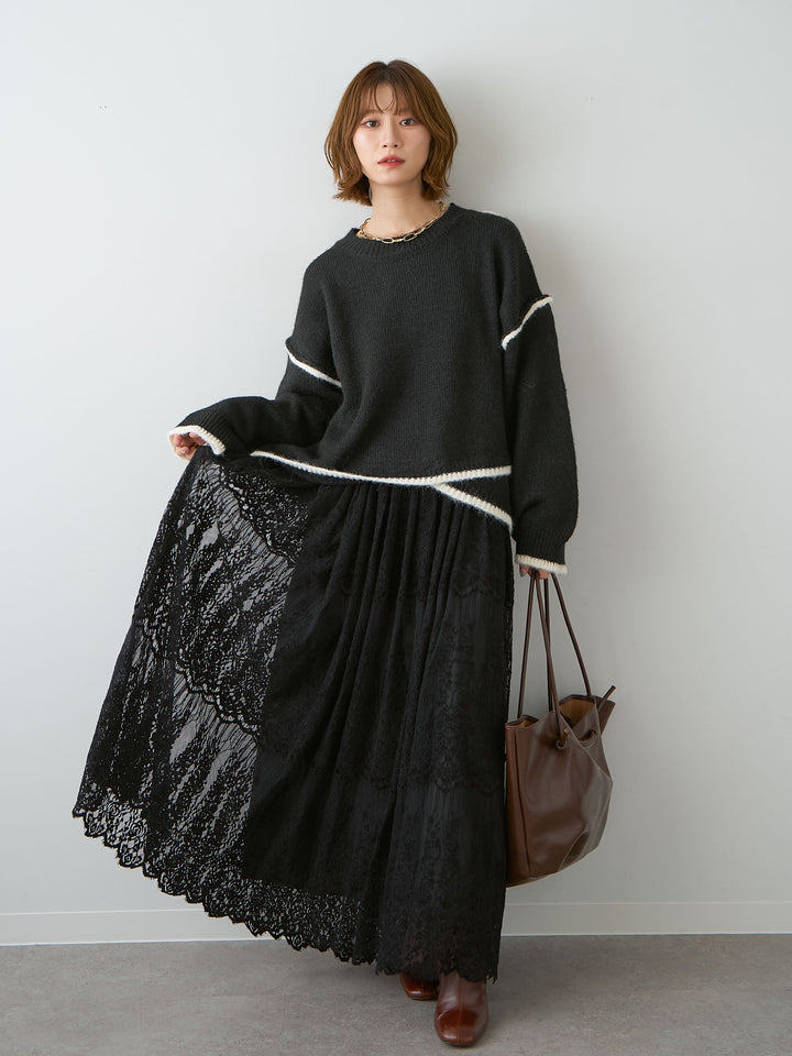 [予約]配色ラインデザインヘムニットプルオーバー/black