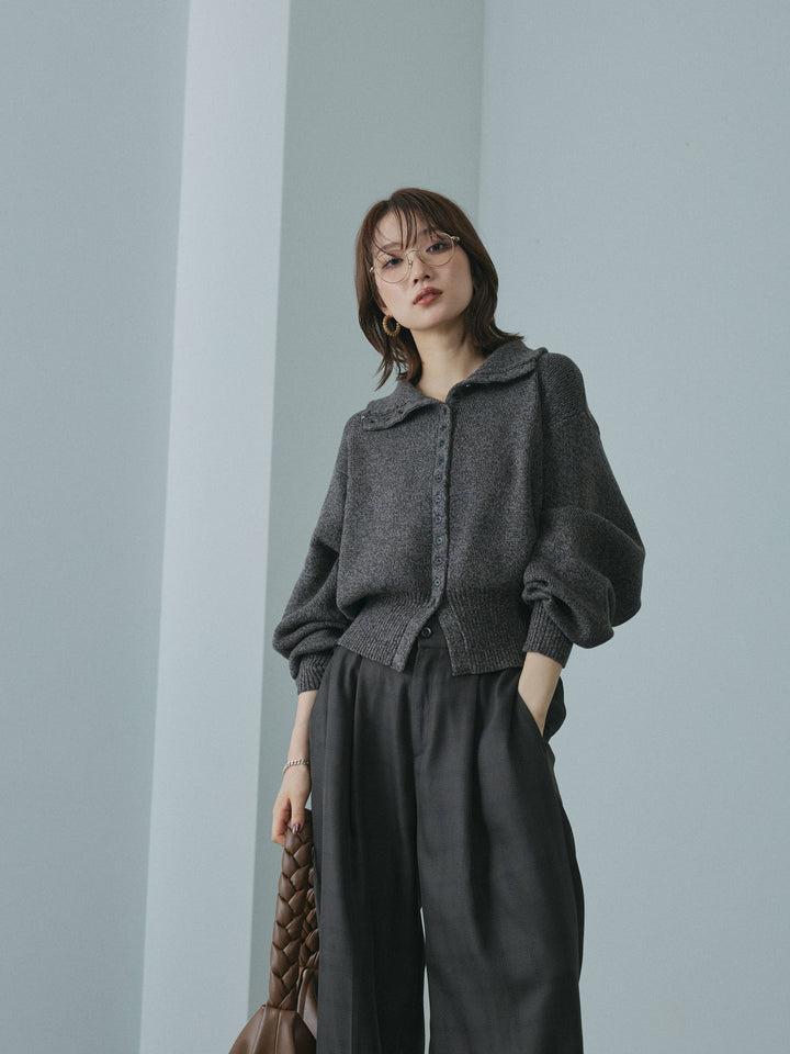 【Allure】[SET]ミックスハイネックカーディガン+杢チェックタックパンツ(2set)