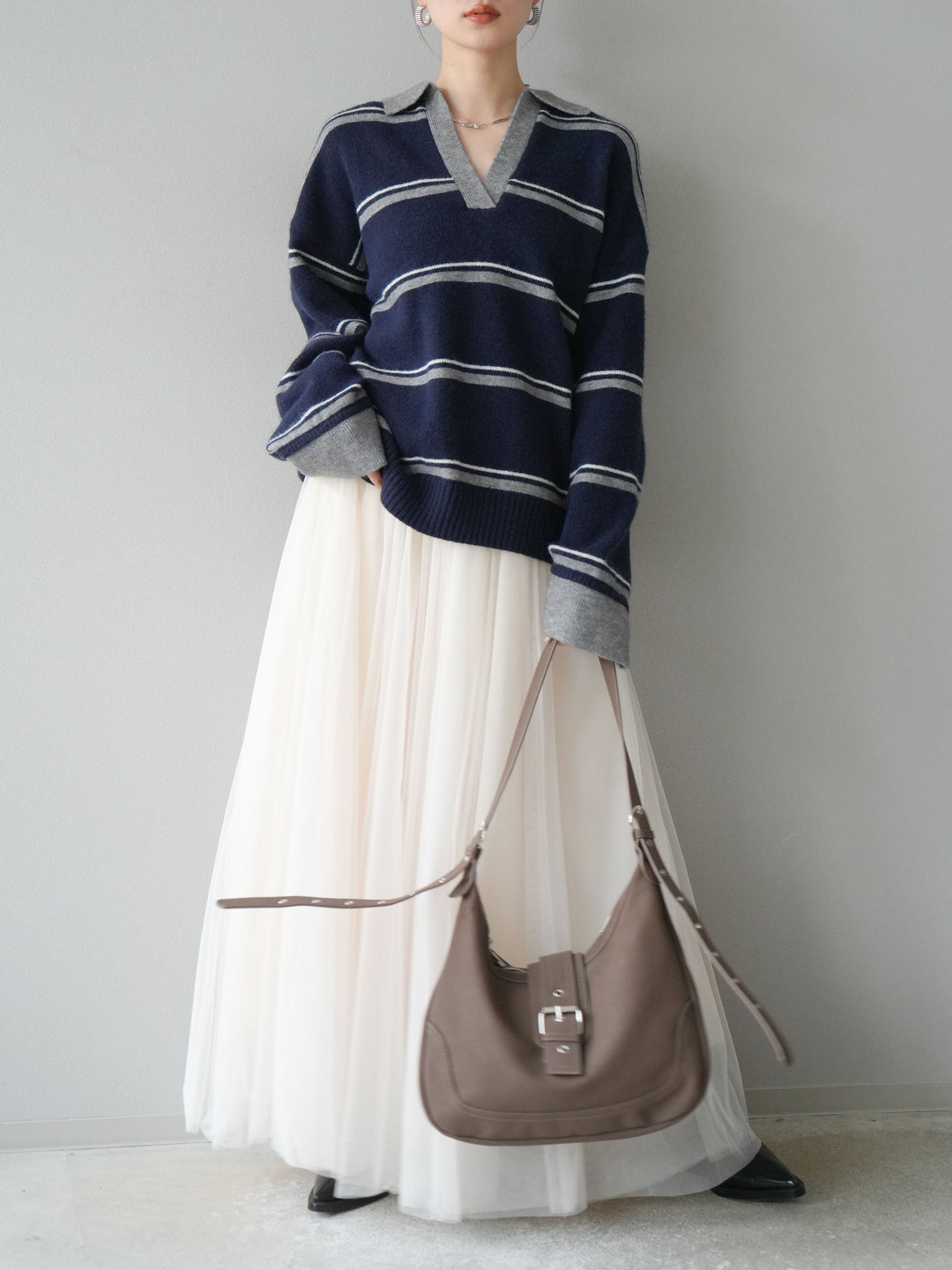 [SET]ポロ襟スキッパーボーダーニットプルオーバー+チュールボリュームスカート(2set)