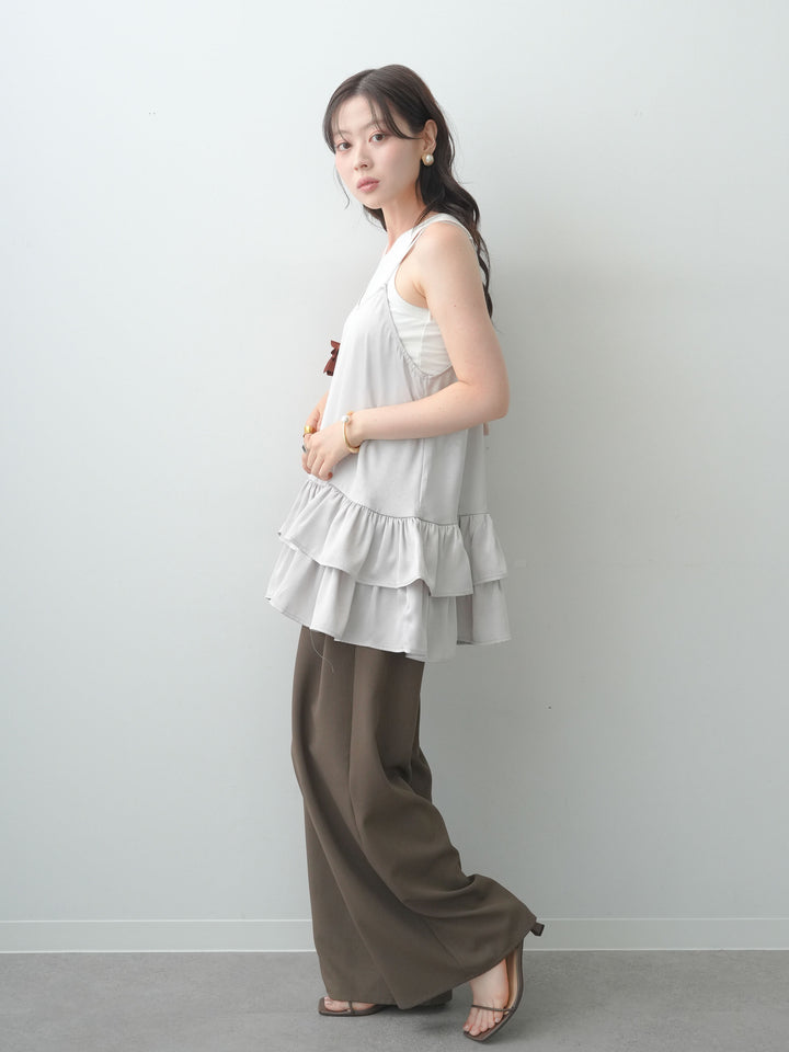 [SET]サテンティアードチュニックキャミソール+カップ付アメスリタンクトップ+クレープデシンタックワイドパンツ(3set)