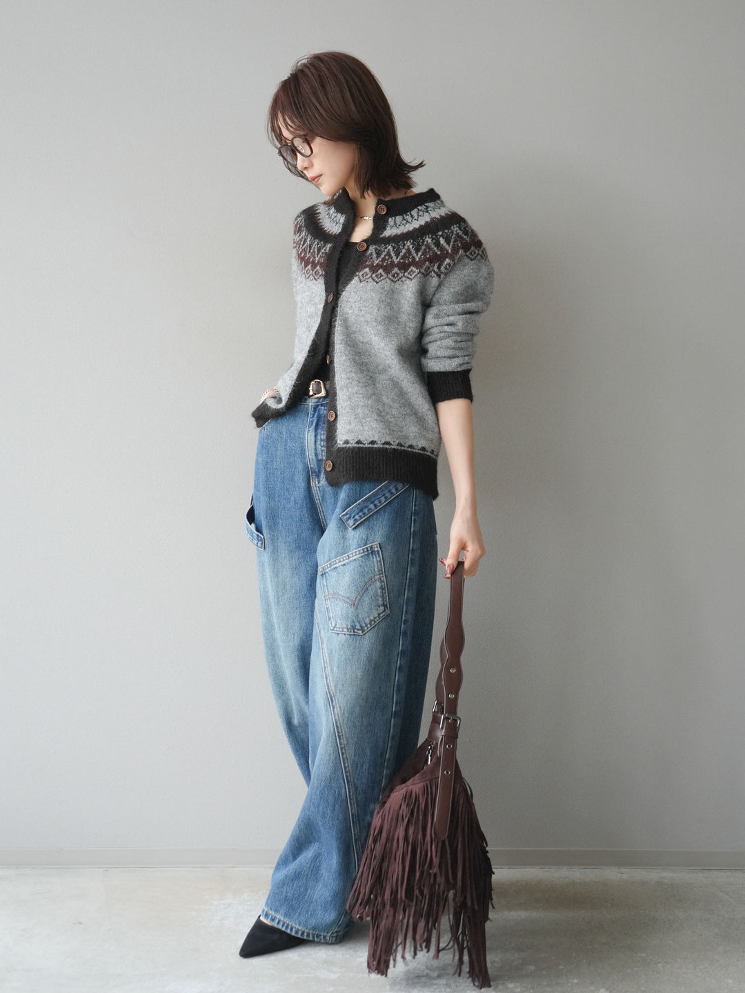 [SET]ノルディック柄ニットカーディガン+ペインターカーブデニムパンツ(2set)