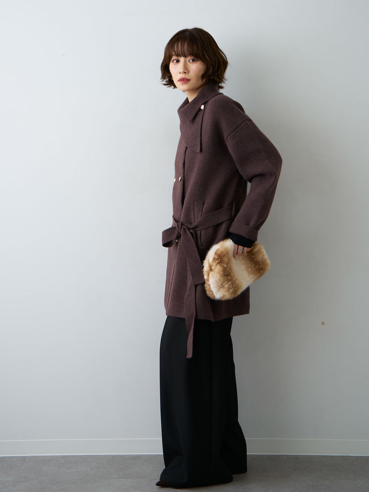 [SET]ゴールドボタンミディアムニットコート+ベルトループデザインワイドパンツ(2set)