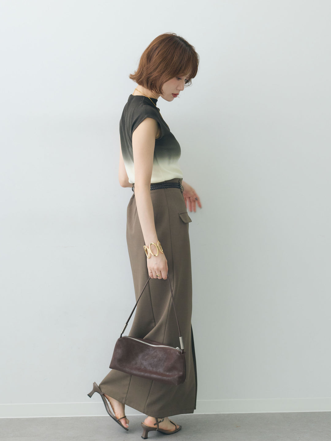 [SET]グラデーションフレンチリブニットトップス+クレープデシンフラップ付きストレートスカート(2set)