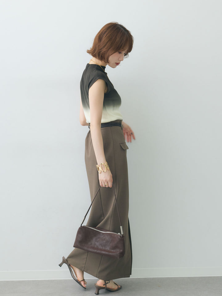 [SET]グラデーションフレンチリブニットトップス+クレープデシンフラップ付きストレートスカート(2set)