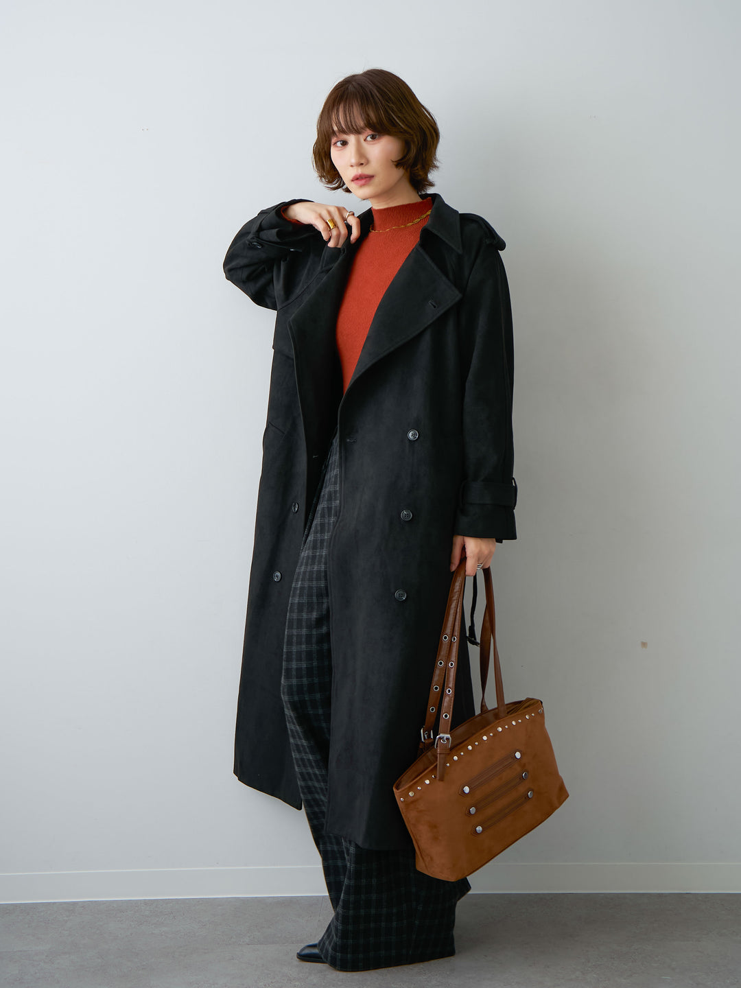 [予約]スウェードタッチロングトレンチコート/black