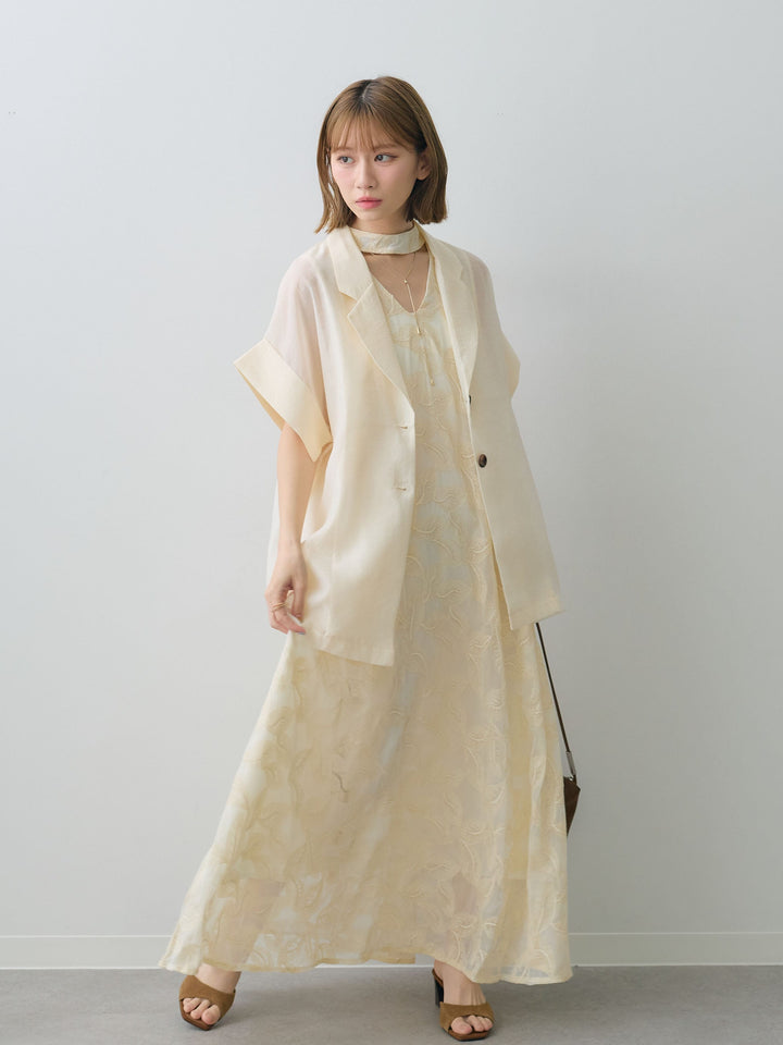 【套裝】葉子刺繡吊帶洋裝+透視寬鬆短袖外套（兩件套）