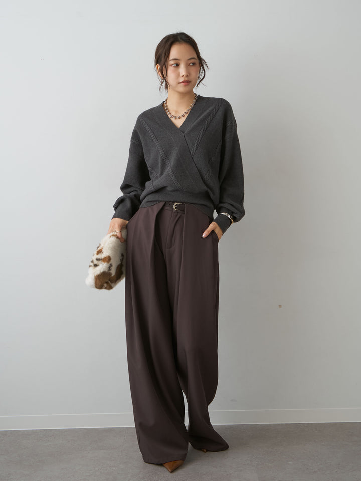 [SET]カシュクールミックスケーブルニットトップス+ベルトループデザインワイドパンツ(2set)