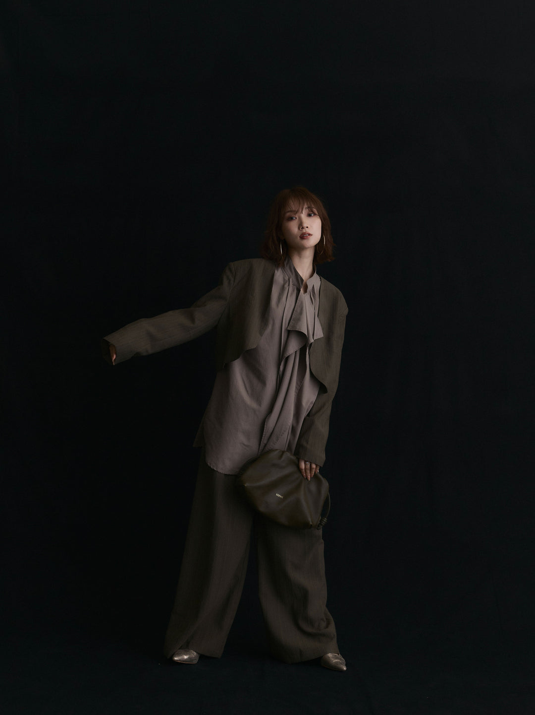 【Allure】[SET]ヘリンボーンショートジャケット＆ワイドパンツSET UP+ヘリンボーンショートジャケット＆ワイドパンツSET UP(2set)