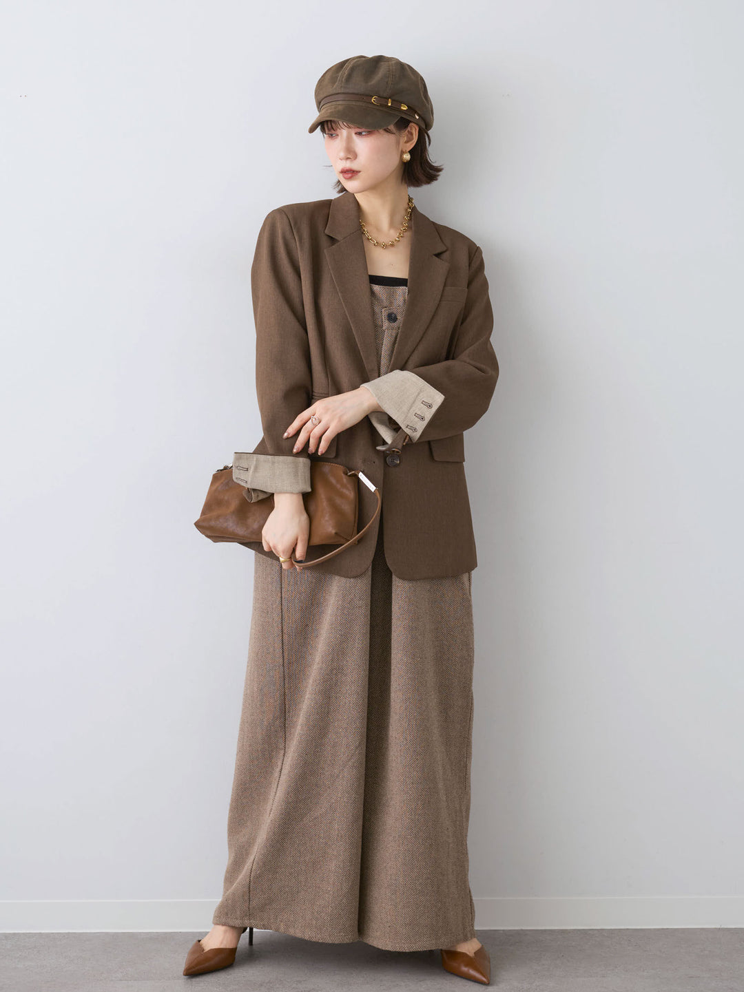 [予約]ヘリンボーンサロペット/beige