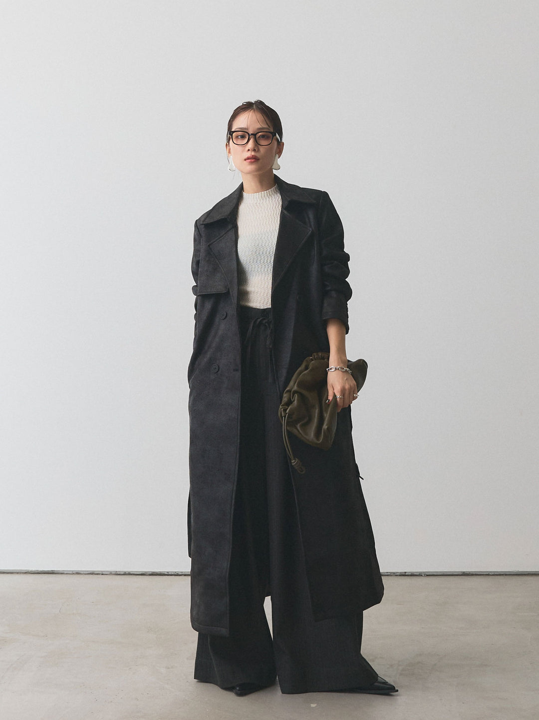 【Allure】[SET]デザインリブハーフニットトップス+ウールライクストライプワイドパンツ+ヴィンテージレザートレンチコート(3set)