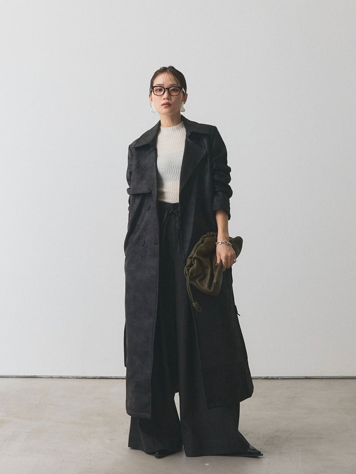 【Allure】[SET]デザインリブハーフニットトップス+ウールライクストライプワイドパンツ+ヴィンテージレザートレンチコート(3set)