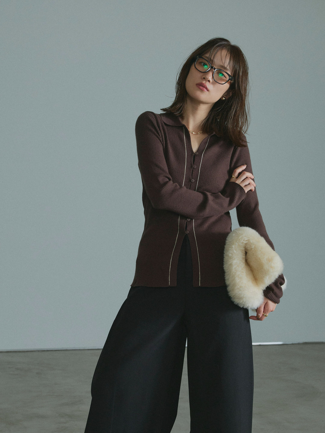 【Allure】[SET]リブ配色ラインポロニットカーディガン+リブ配色ラインポロニットカーディガン(2set)