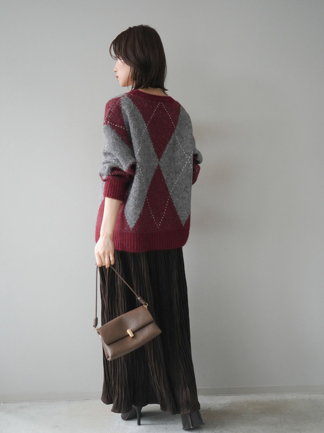 [SET]アーガイルオーバーニットプルオーバー+スエードワッシャープリーツスカート(2set)