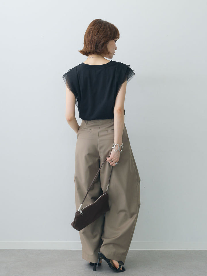 [SET]ショルダーチュールノースリTEE+ベルトループカーブタックワイドパンツ(2set)