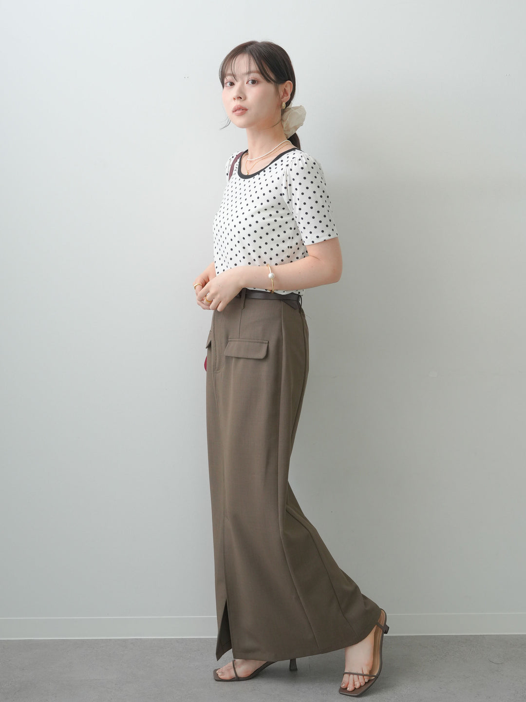 [SET]前後2wayドットバイカラーパイピングTEE+クレープデシンフラップ付きストレートスカート(2set)