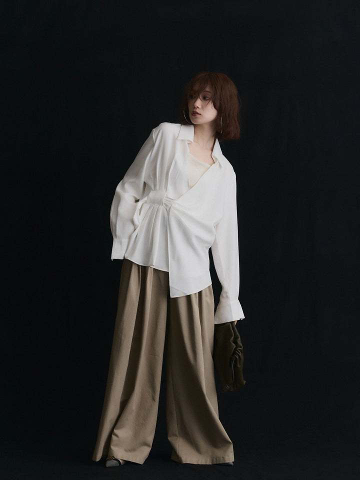 【Allure】[SET]ドレープデザインシャツ+ベルト付ダブルループワイドパンツ(2set)