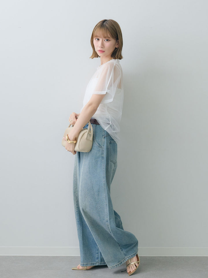 [SET]インナーキャミ付シアーオーバーTEE+フロントビジューカーブデニムパンツ(2set)