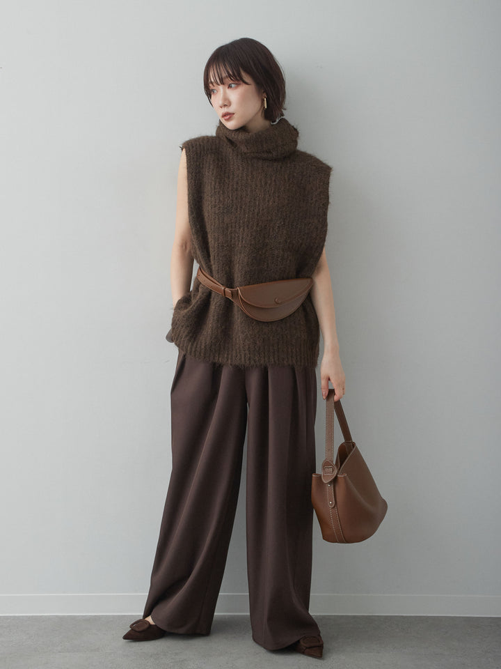 [予約]ハイネックシャギーオーバーニットベスト/brown