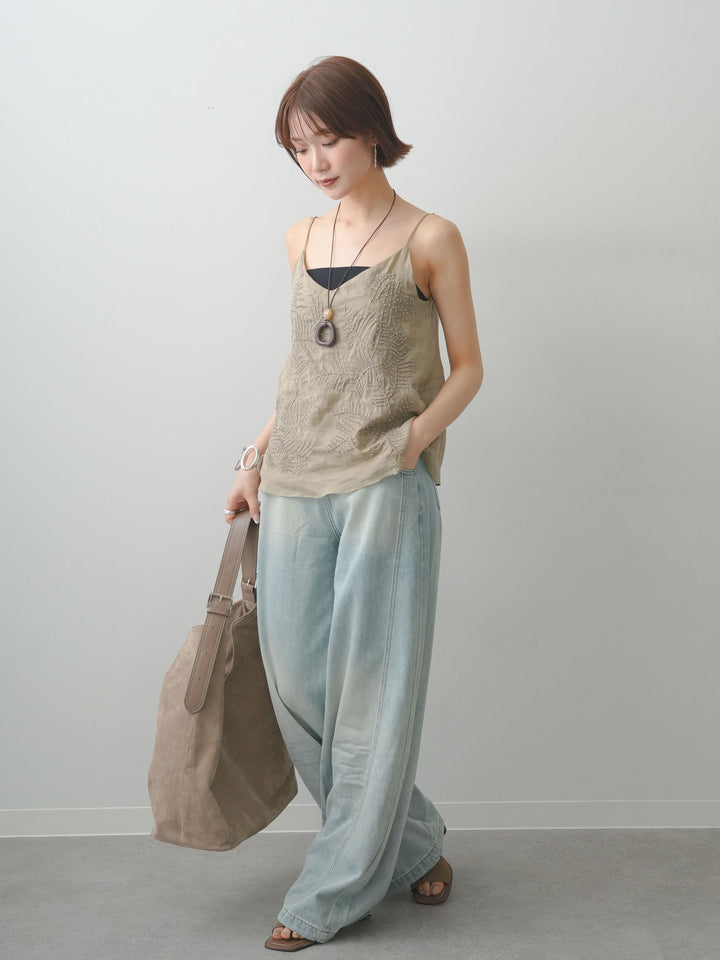 【套裝】棕櫚珠刺繡吊帶背心+輕薄復古風牛仔褲（兩件套）