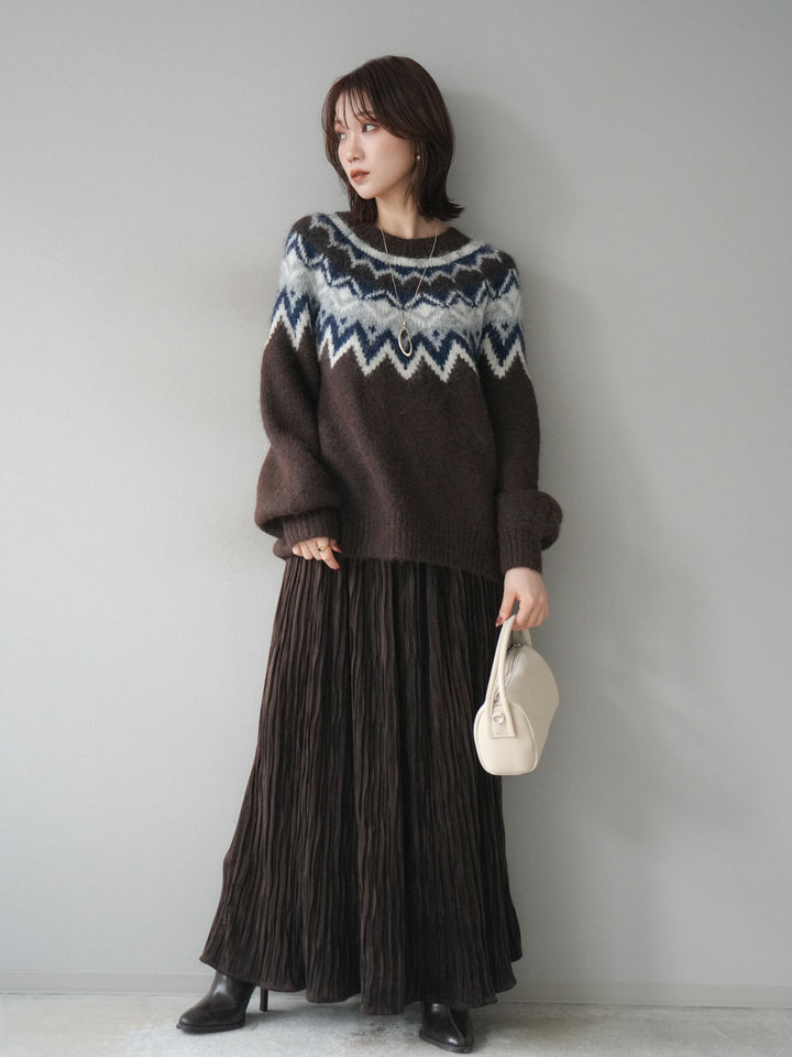 [SET]求心柄オーバーニットプルオーバー+スエードワッシャープリーツスカート(2set)