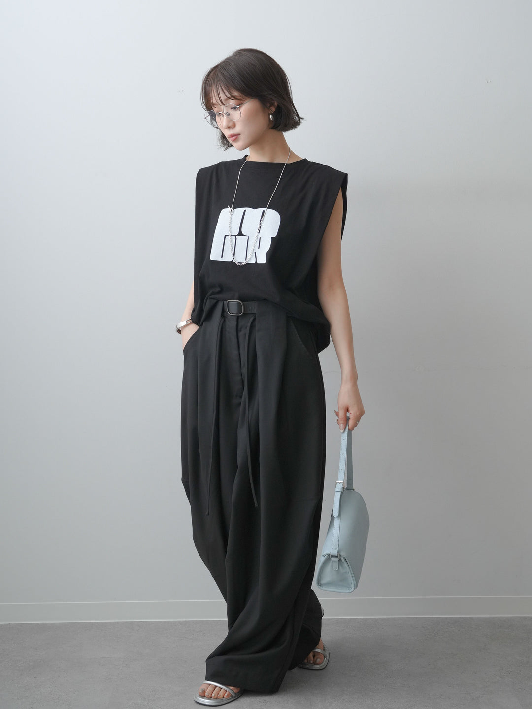 [SET]ワイドネックプリントTEE+ショルダータックノースリーブオーバーTEE(2set)