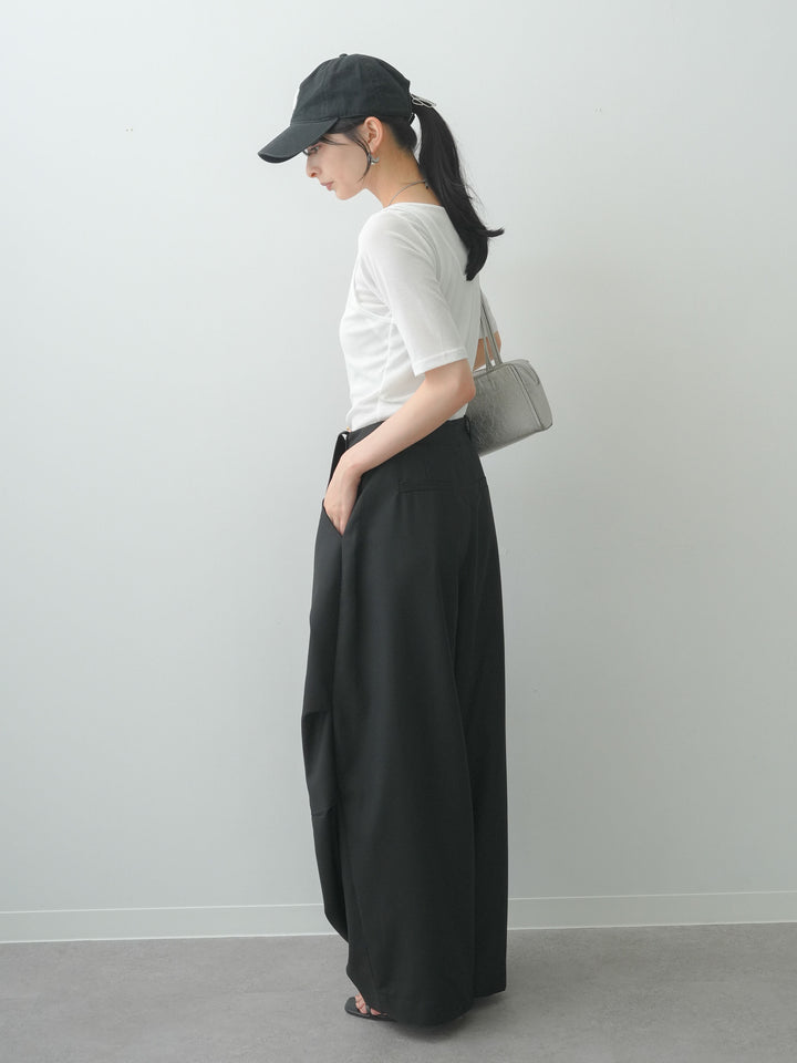 [SET]前後2wayシアーアシメレイヤード風TEE+ベルトループカーブタックワイドパンツ(2set)