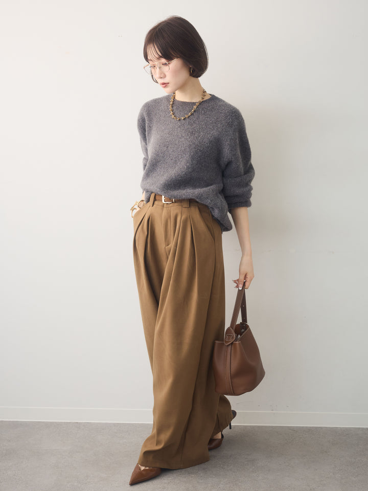 [SET]ソフトヘアリークルーネックニットトップス+ダブルタックドレープストレートワイドパンツ(2set)