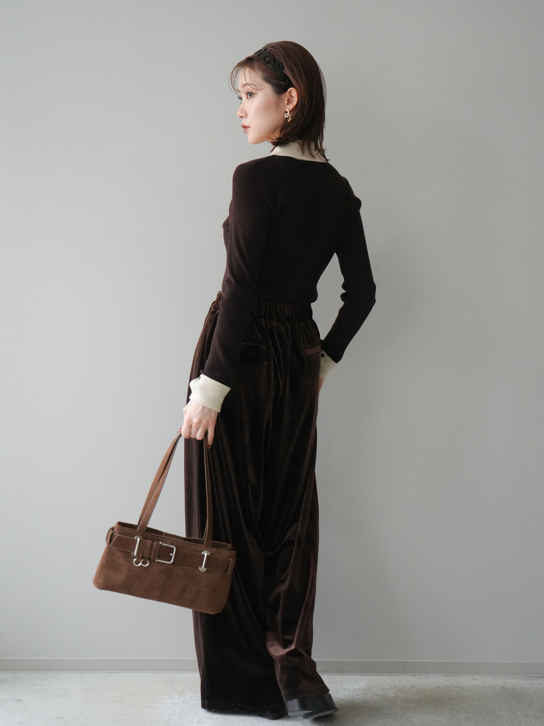 [予約]ベロアベルトスリムパンツ/brown