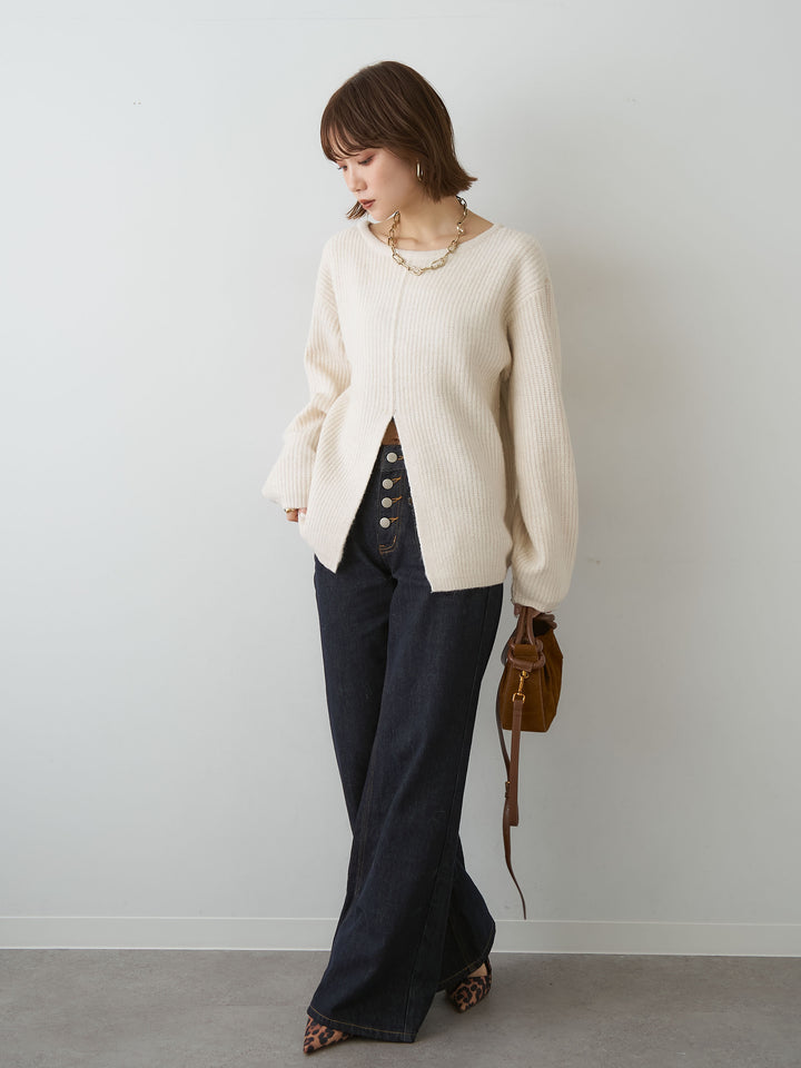 [SET]前後2wayスリットリブニットトップス+インディゴフレアデニム(2set)
