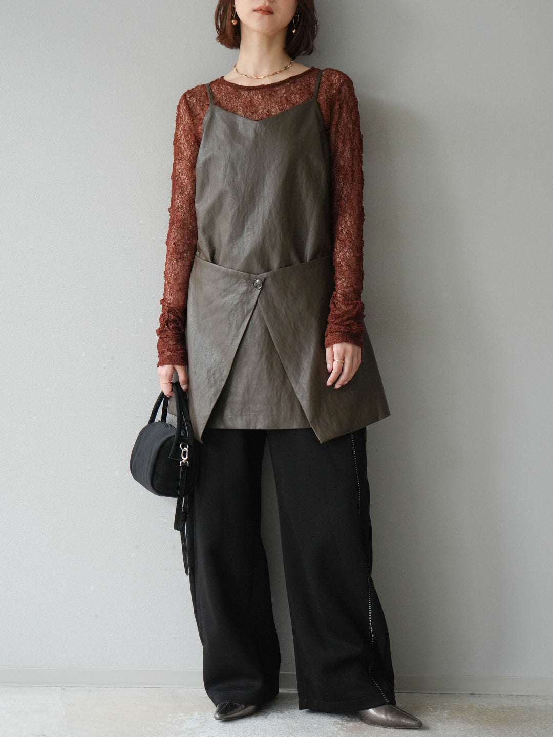 [予約]レイヤードレザーキャミソールチュニック/ブラウン