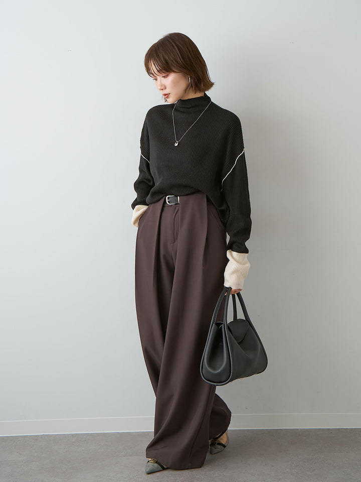 [予約]バイカラーモックネックリブニットトップス/black