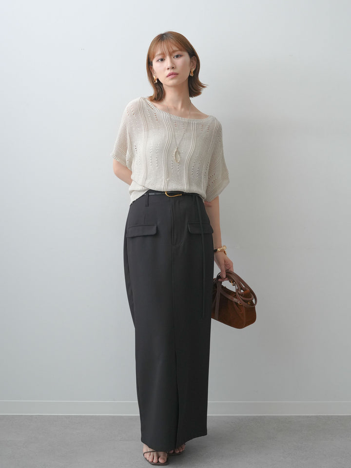 [SET]アイレットサマーニットトップス+クレープデシンフラップ付きストレートスカート(2set)