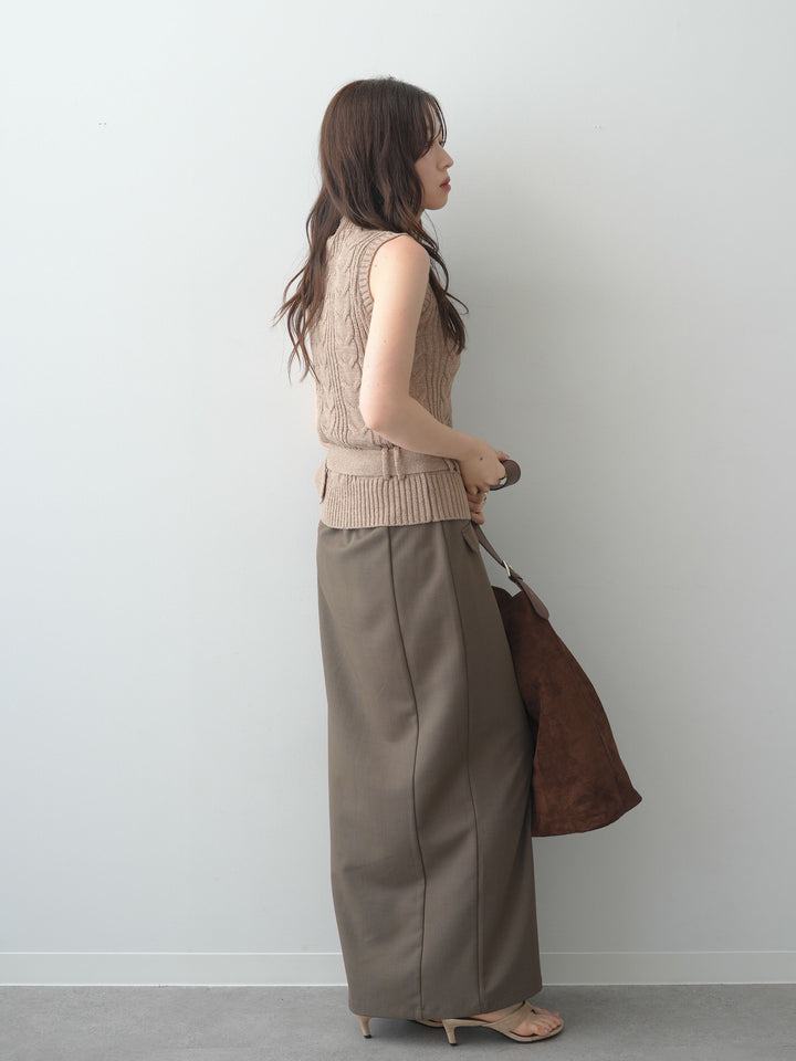 [SET]ベルト付ケーブルノースリニットトップス+クレープデシンフラップ付きストレートスカート(2set)