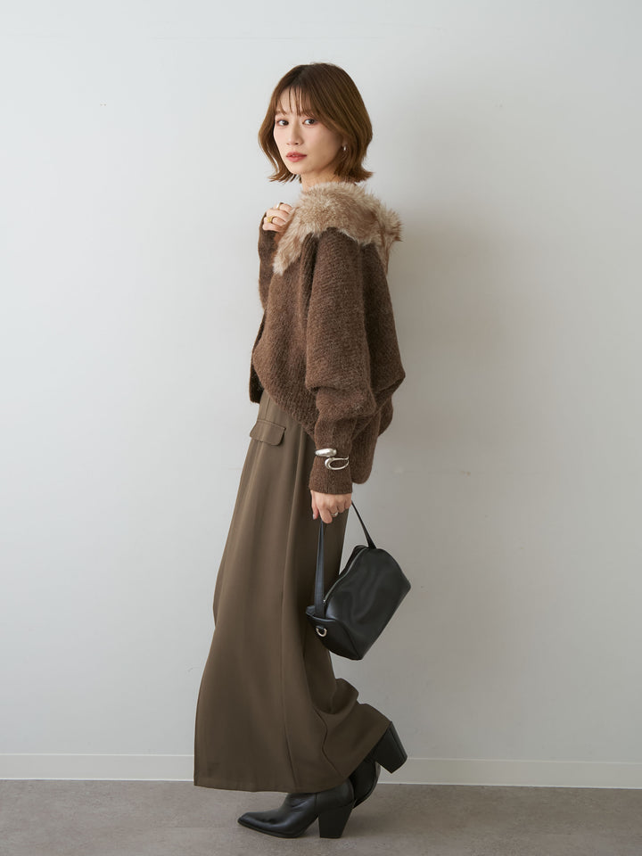 [SET]ファーカラードルマンリブニットカーディガン+クレープデシンフラップ付きストレートスカート(2set)