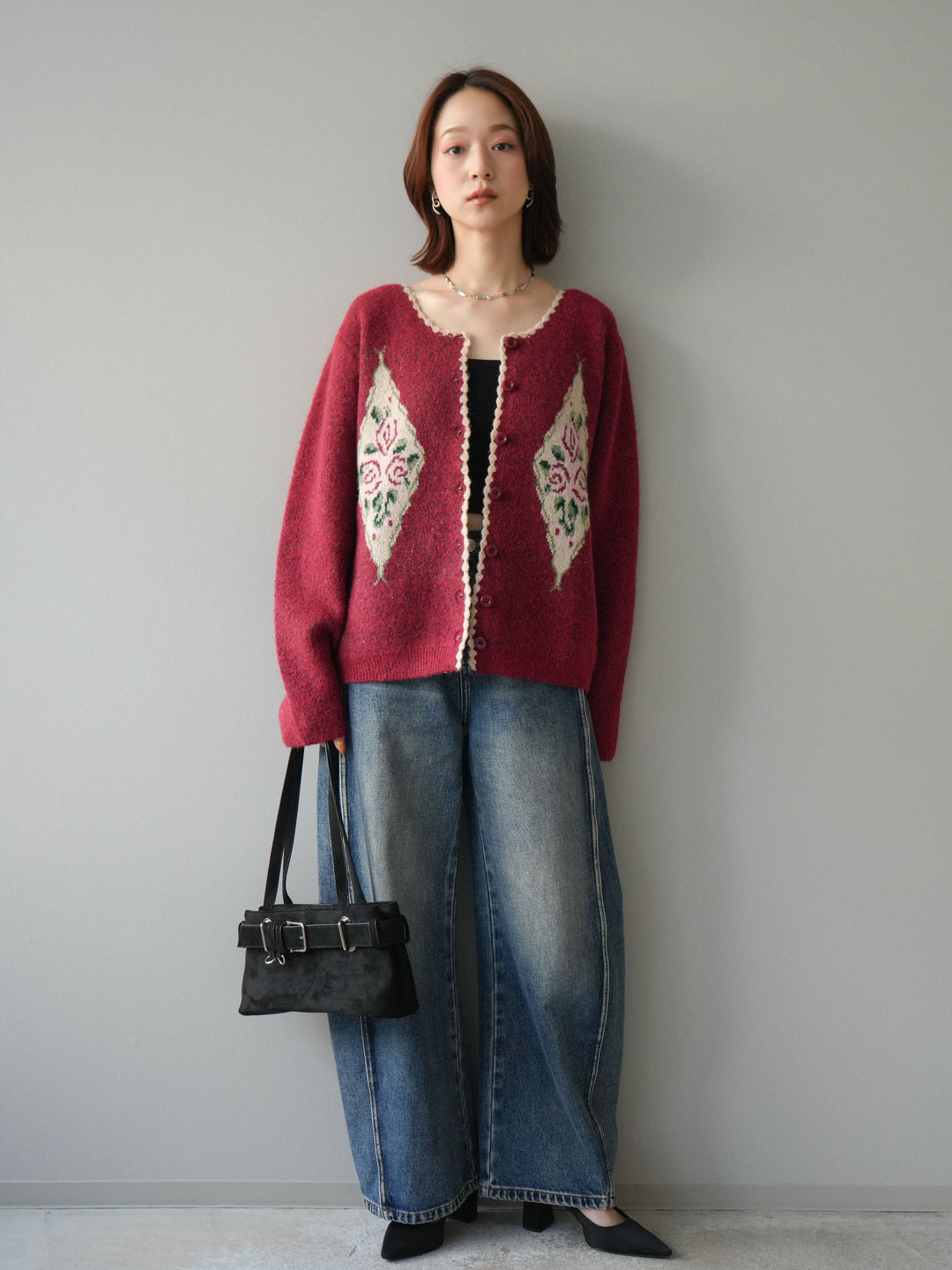 [予約]アンティークフラワージャガードニットカーディガン/red