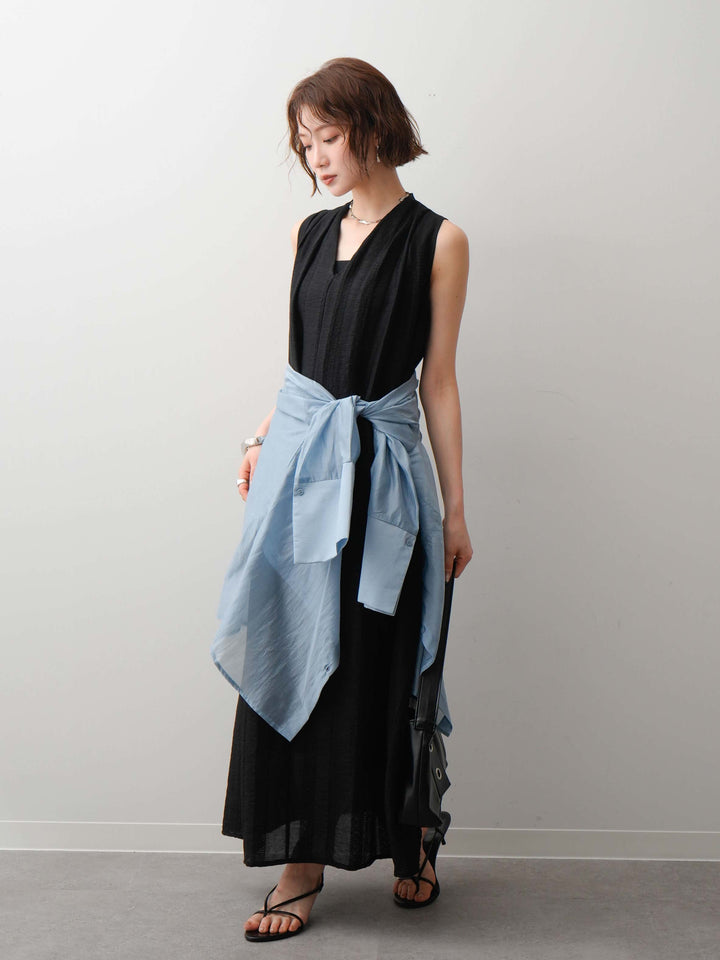 [予約]ショルダーギャザーVネックノースリワンピース/black