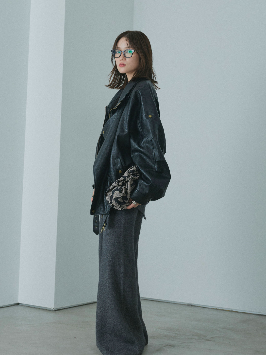 【Allure】[SET]ニットベアトップ＆ワイドパンツSET UP+スタンドカラーレザーブルゾン(2set)