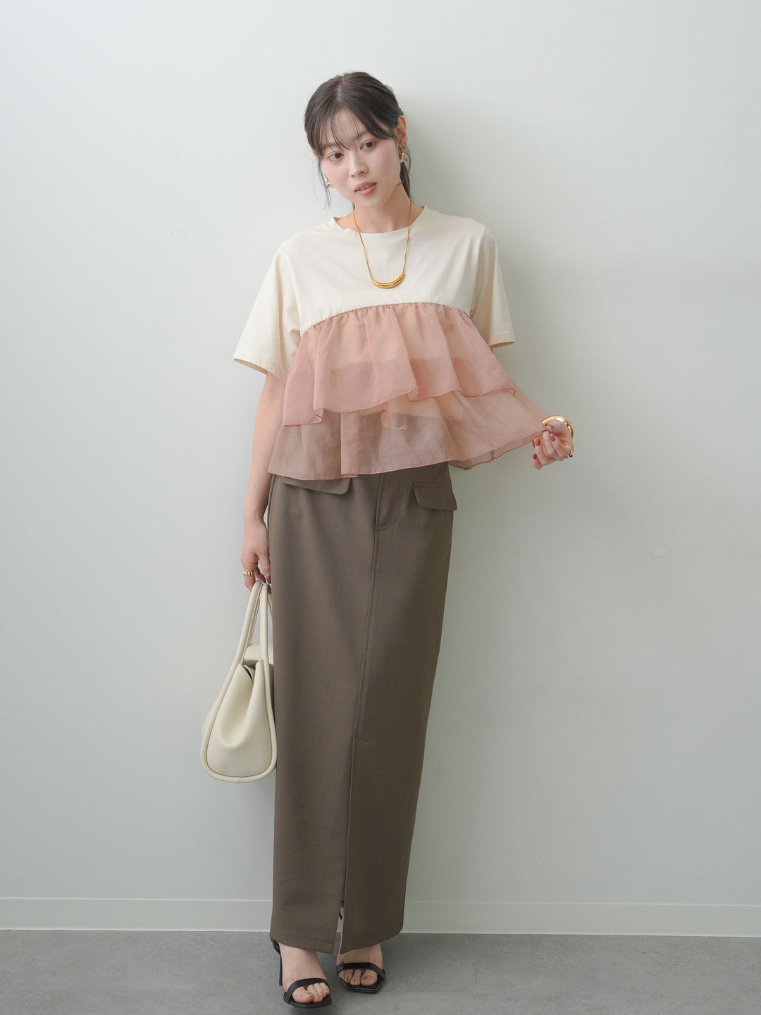 [SET]オーガンジーフリルドッキングTEE+クレープデシンフラップ付きストレートスカート(2set)