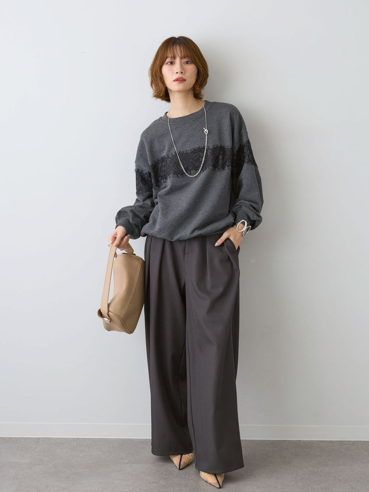 [SET]裏毛レースドッキングプルオーバー+ツイルタックワイドパンツ(2set)