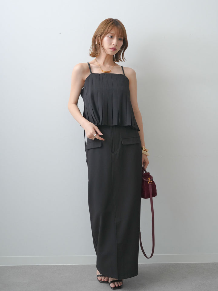 [SET]クレープデシンタックキャミソール+クレープデシンフラップ付きストレートスカート(2set)